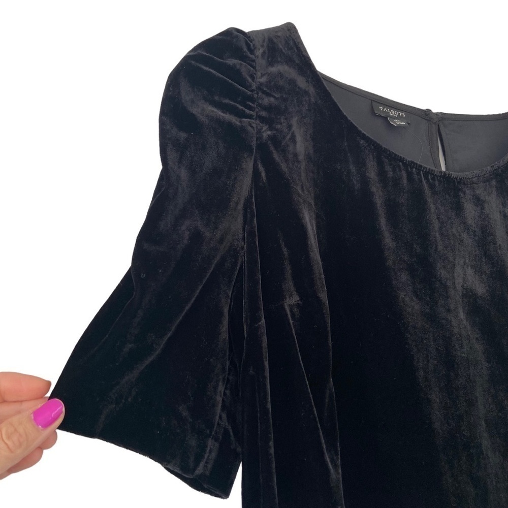 Talbots Women's Black Velour Blouse Top Ruched Short Sleeves Button Back PM NWT - Picture 2 of 14